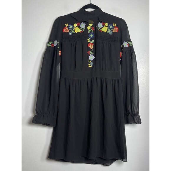 ANNA SUI Embroidered Mini Dress Size 4 Black Floral Smocked Boho Chic Flower - Picture 1 of 8